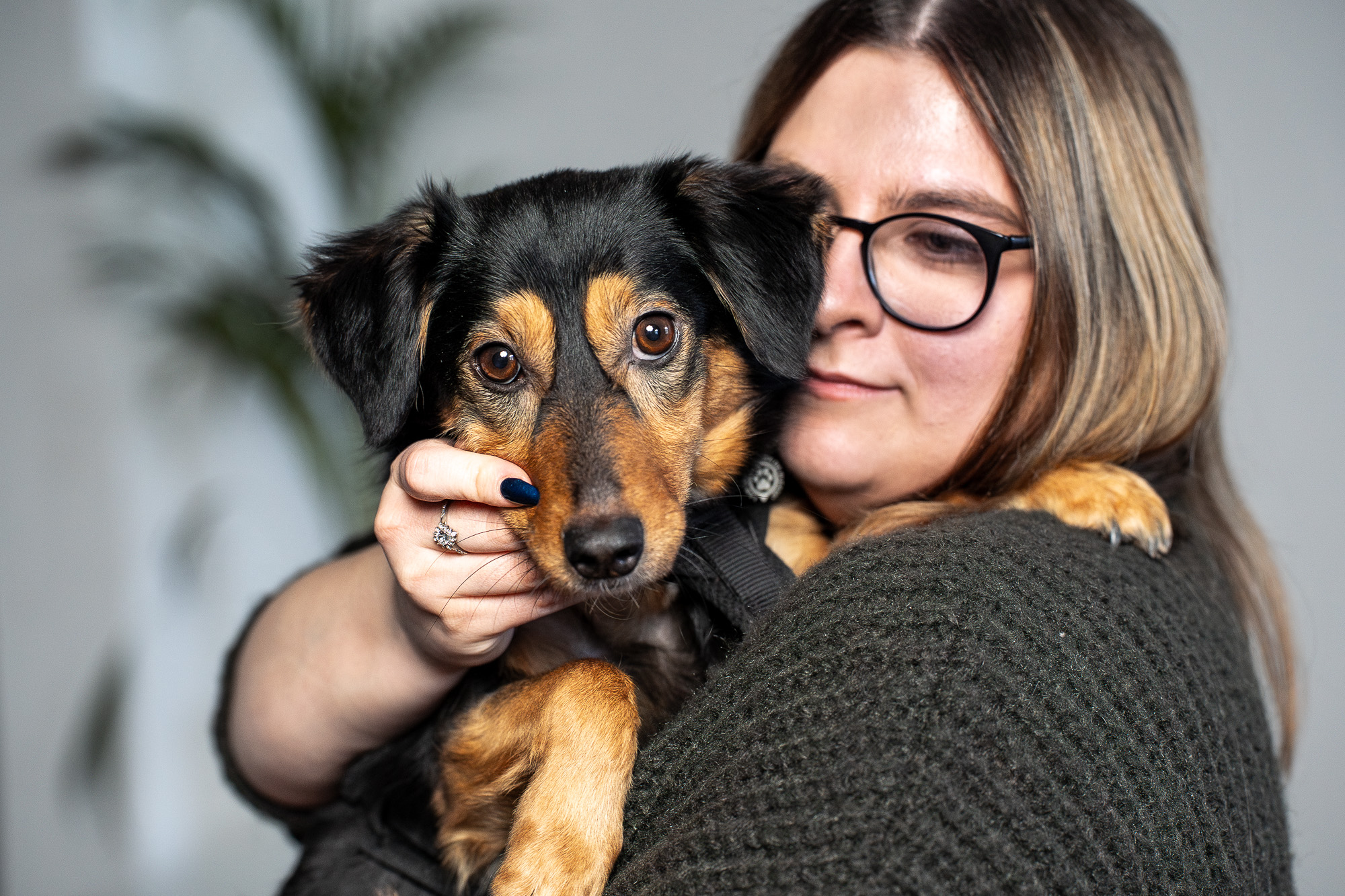 Eine Mitarbeiterin der Steuerberatung Cordula Groß hält liebevoll einen kleinen Hund im Arm – Einblick in das herzliche Arbeitsumfeld der Kanzlei.